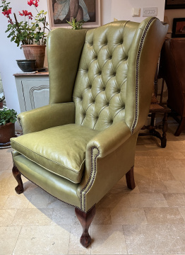 Green Leather Georgian Wing Chair with Claw & Ball Legs